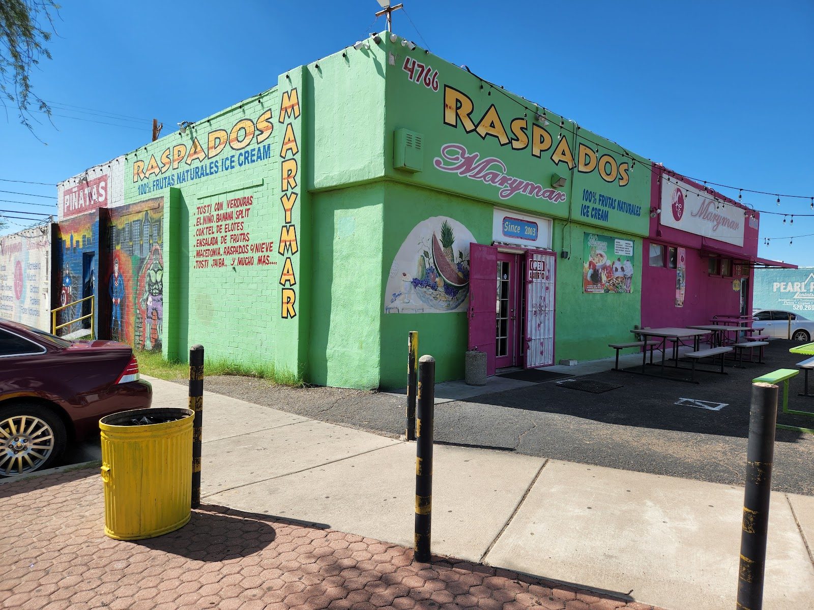 The green and pink Marymar Raspados storefront on South 6th Avenue in Tucson.